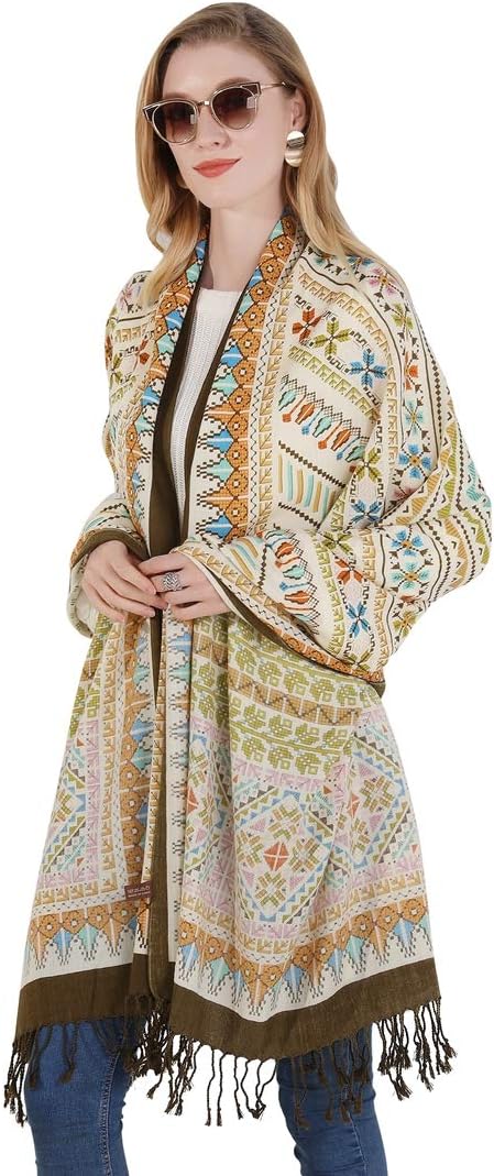 DANA XU 100% Merino Wool Pashmina Shawl for Women 96"x43", Oversized Cashmere Wrap with Tassels, Floral Travel Blanket Cape