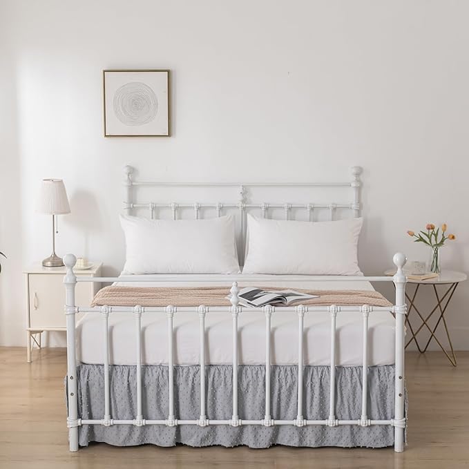Tufted Dot Bed Skirt Queen Size Ruffled Bed Skirt with Split Corners, 14 Inch Drop Dust Ruffle Bed Skirts with Platform, Light Grey