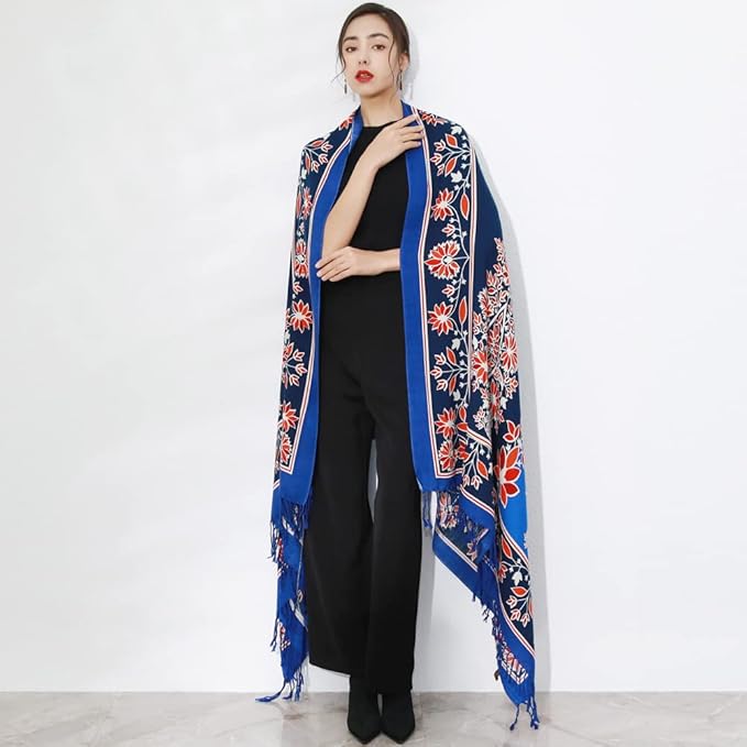 DANA XU 100% Merino Wool Pashmina Shawl for Women 96"x43", Oversized Cashmere Wrap with Tassels, Floral Travel Blanket Cape