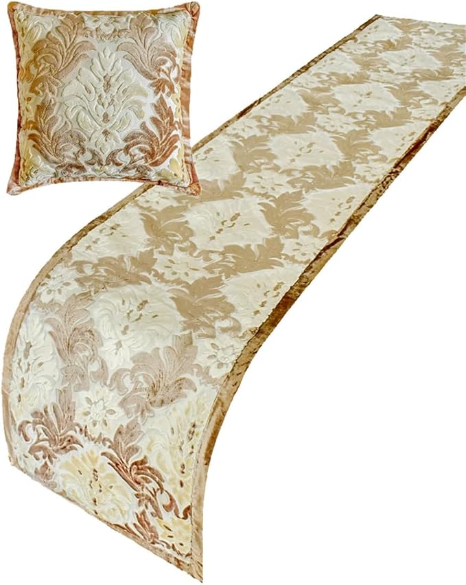 The HomeCentric King/Queen/Twin Beige Luxury Twin 53"x18" Bed Runner with Two Pillow Cover, Damask Bed Scarf on Velvet Fabric - Emmeline