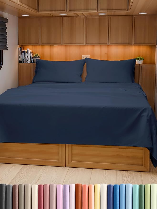 RV Short Queen Sheet Set 60 X 75 - 4 Piece RV Short Queen Bed Sheets - Soft, Breathable & Cooling - Designed for Bunks, Trailers & Camper - Fits 8” to 12" Mattress - Hotel Luxury Bedding - Navy Blue