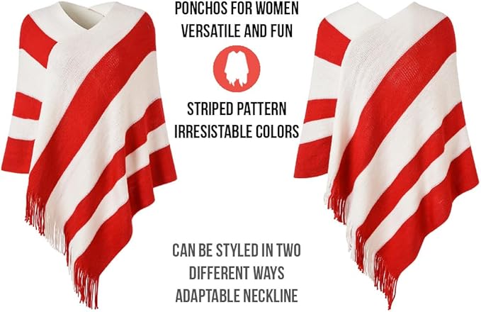 Ferand Women's Striped Poncho Sweater Cozy Knit Fringe Shawl Wraps for Fall Winter