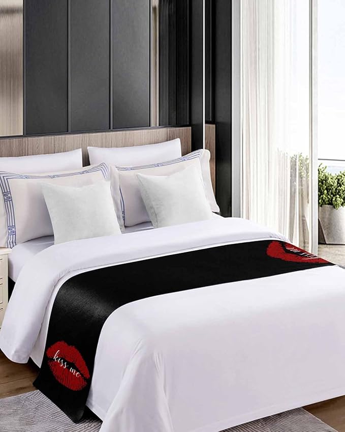 Red Lip Print Kiss Me Bed Runners for Bedroom Hotel,Decorative Bedding Scarf Black Back Bed End Blanket Bedding Runner Scarves for Queen Size Bed,94x20in