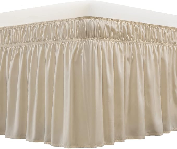 MEILA Wrap Around Bed Skirt Three Fabric Sides Elastic Dust Ruffled 18 Inch Tailored Drop,Easy to Install Fade Resistant-Beige, Queen/King