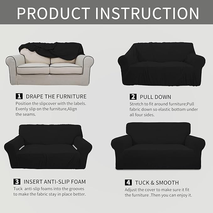 Easy-Going Stretch Oversized Chair Sofa Slipcover 1-Piece Couch Sofa Cover Furniture Protector Soft with Elastic Bottom for Kids Spandex Jacquard Fabric Small Checks Black