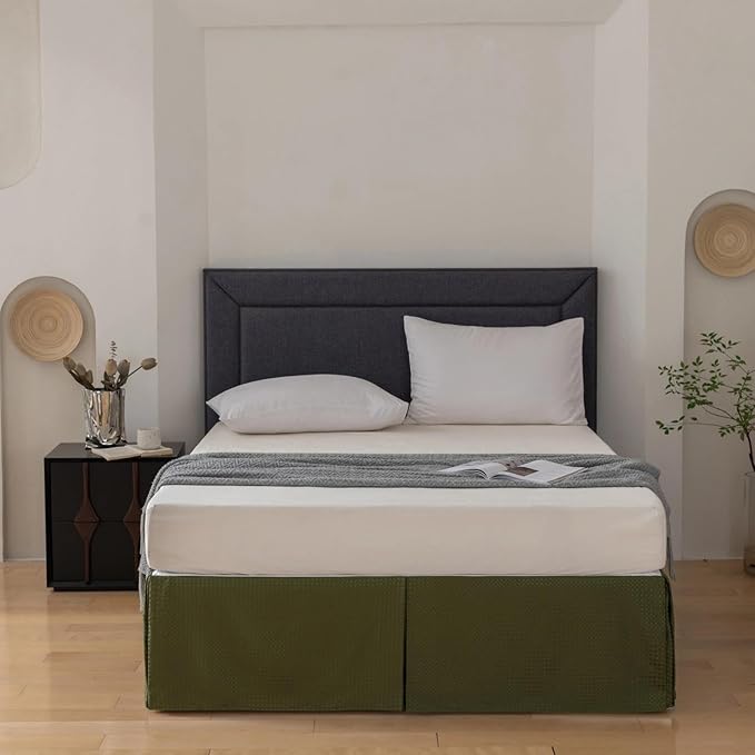 King Bed Skirt, Wrap Around Bed Skirt with Pleated Corner, 18 Inch Drop Pleated Waffle Weave Bedskirts, Anti-Slip, Microfiber, Green, 18'' King