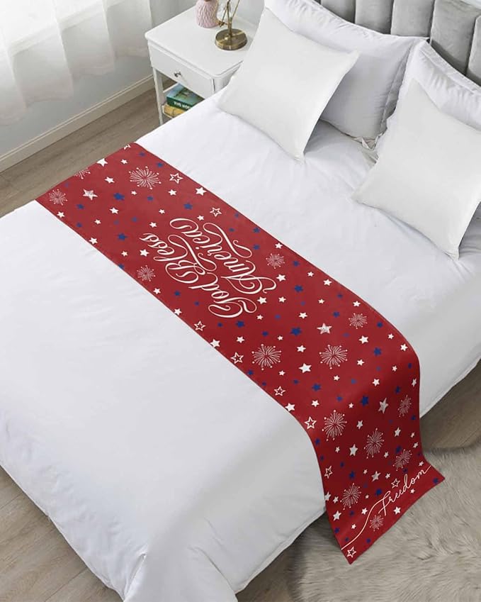 Independence Day Blue White Star Bed Runners for Bedroom Hotel,Decorative Bedding Scarf Freedom Celebration on Red Bed End Blanket Bedding Runner Scarves for Queen Size Bed,94x20in