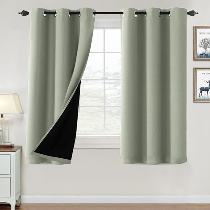 H.VERSAILTEX 100% Blackout Curtains for Bedroom Thermal Insulated Blackout Curtains 63 inch Length Heat and Full Light Blocking Curtains for Living Room with Black Liner 2 Panels Set, Light Sage