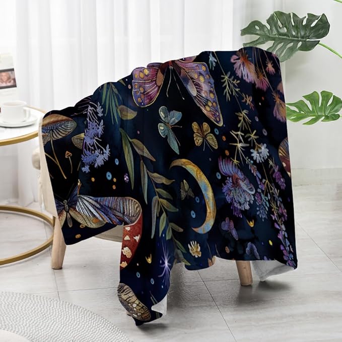 Celestial Witch Garden Throw Blankets Butterfly Moon Flower Fleece Throw Blanket,Dark Botanical Floral Plant Boho Cozy Decor Nap Blankets for Sofa Bed Couch Chair or Dorm Throws 60"x80"