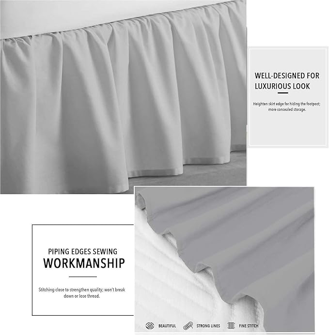 SlumberWell Full Bed Skirt with Split Corners, Soft Microfiber, 14 Inch Drop, Light Grey Solid, Elegant Ruffled Design