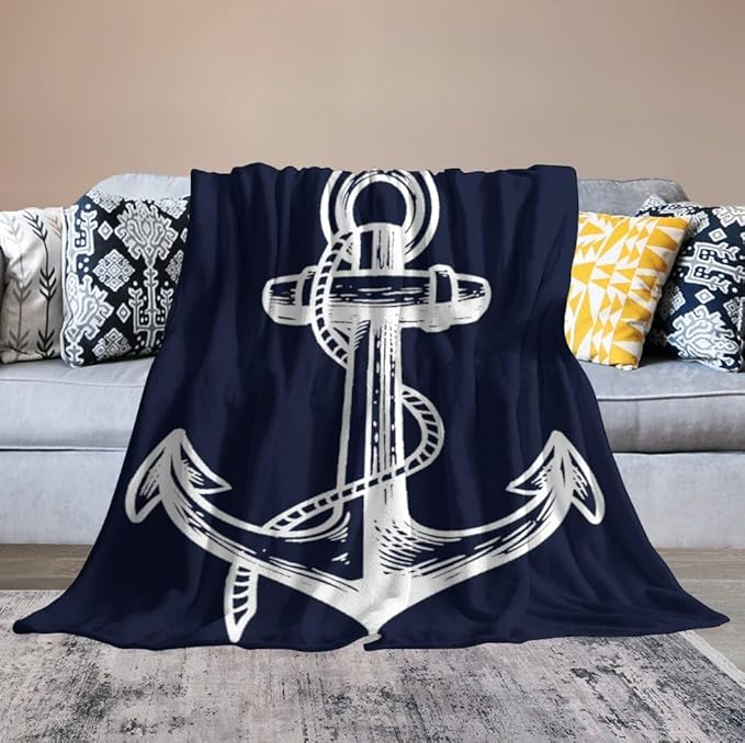 Anchor Blanket Retro Abstract Nautical Navy Blue White Soft Cozy Lightweight Throw Blanket for Kids Girls Boys Women Men Bedroom Living Room Dorm Chair Sofa Travel 40x50in
