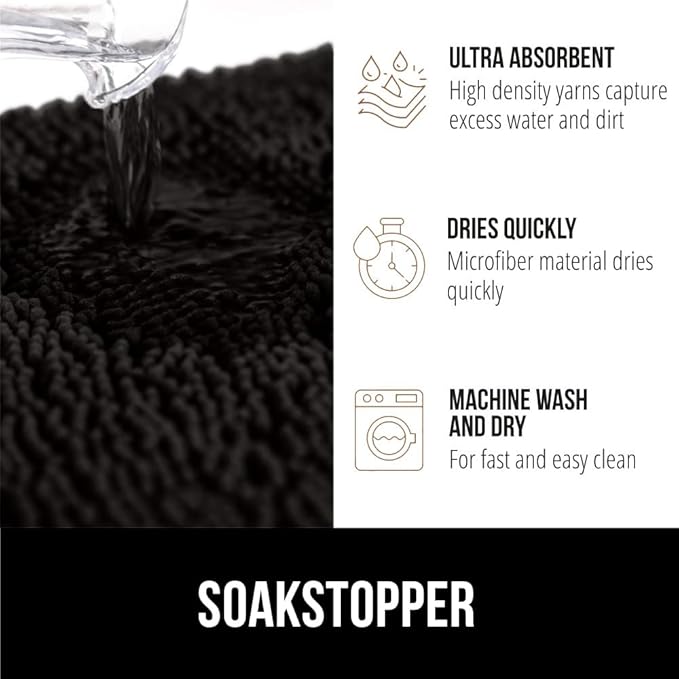 GORILLA GRIP SOAKSTOPPER Dog Door Mat, 30x20 Machine Washable Rug Absorbent Doormat Captures Moisture Mud Dirt, Quick Dry Soft Chenille Entryway Rugs Indoor Entrance Mats for Dog Paws, Black