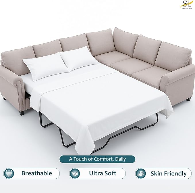 Sleeper Sofa Bed Sheet Set – Full Size, 100% Cotton, 338 Thread Count – 4-Piece Sofa Bed Sheets – Fits Mattresses Up to 6” Deep – Soft & Durable Pull-Out Couch Sheets (White Solid)