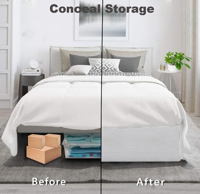 Queen Bed Skirt-Box Spring Cover with 18 Inch Tailored Drop,Wrinkle and Fade Resistant Hotel Wrap Around Bed Skirts,Bed Frame Cover (Wave Pattern White, Queen-18 Drop)