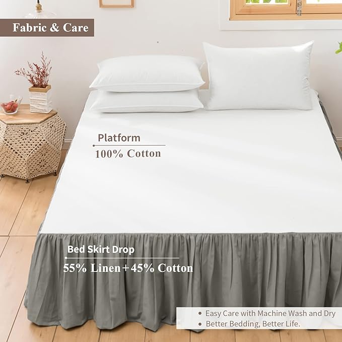 BISELINA French Linen Bed Skirt with Pleated Frills 14-Inch Tailored Drop Natural Flax Cotton Blend Dust Ruffle Soft Cozy Farmhouse Bedding (14" Full, Grey)