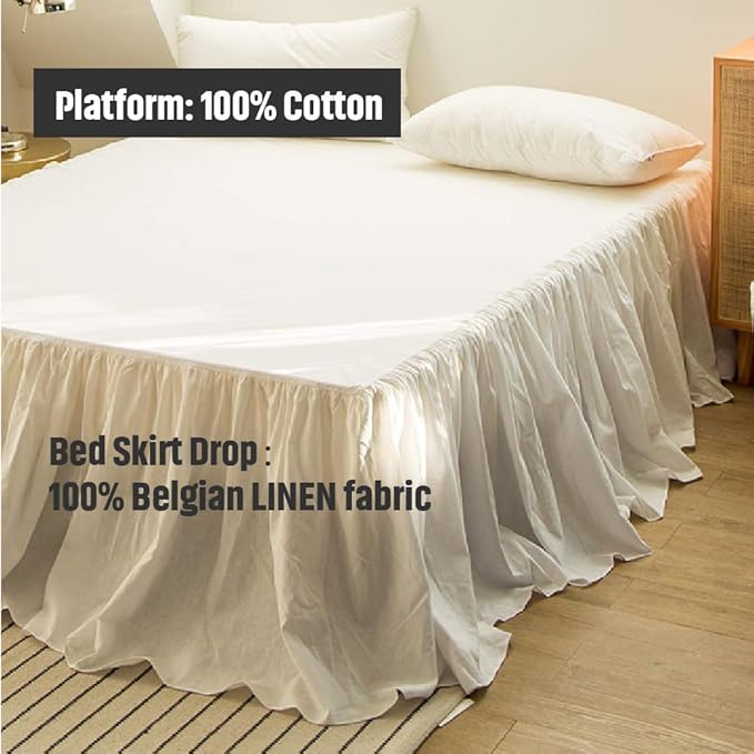 Simple&Opulence Belgian Linen Bed Skirt with Classic 16 inch Tailored Drop Dust Ruffle, Easy Fit Breathable Premium Natural Flax- Pleated White, Queen