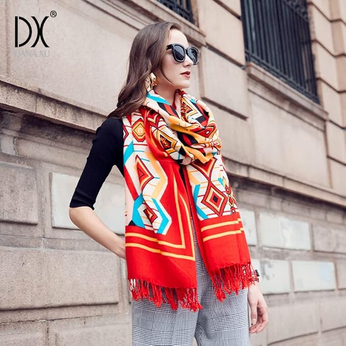DANA XU 100% Merino Wool Pashmina Shawl for Women 96"x43", Oversized Cashmere Wrap with Tassels, Floral Travel Blanket Cape