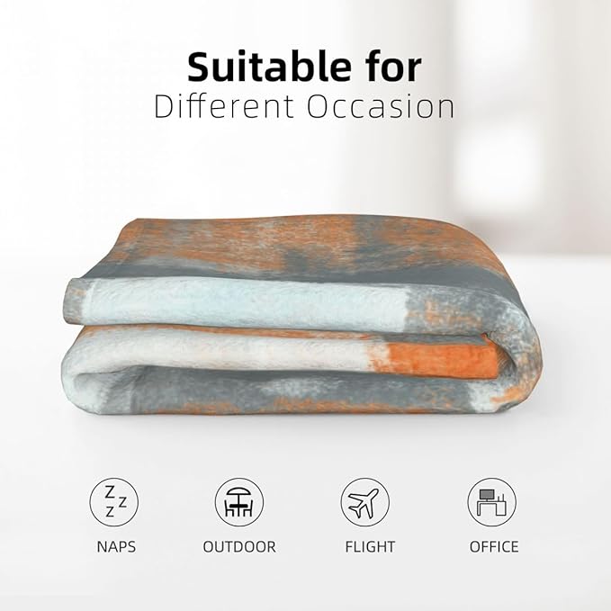 LOKMU Throw Blanket, Orange and Grey White Abstract Art Ultra-Soft Cozy Flannel Blankets, Fuzzy Plush Lightweight Modern Blanket for Couch Sofa Bedding Home Decor, 60" L x 50" W