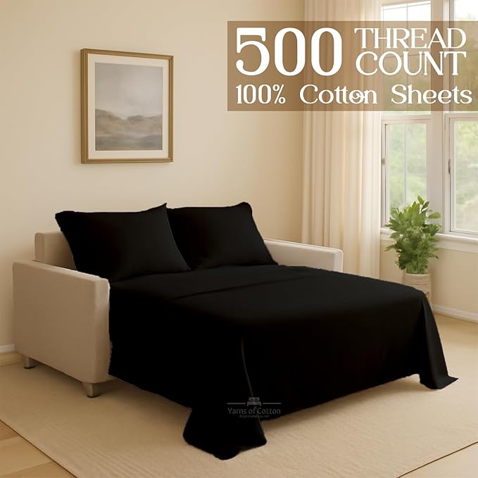 Sleeper Sofa 4 Piece Bed Sheet Set Premium Quality 100% Cotton 500 Thread Count, Smooth & Super Soft Sateen Weave, Extra Soft Bed Sheets, Wrinkle Free, 8 Inch Deep Pocket (Full, Black)