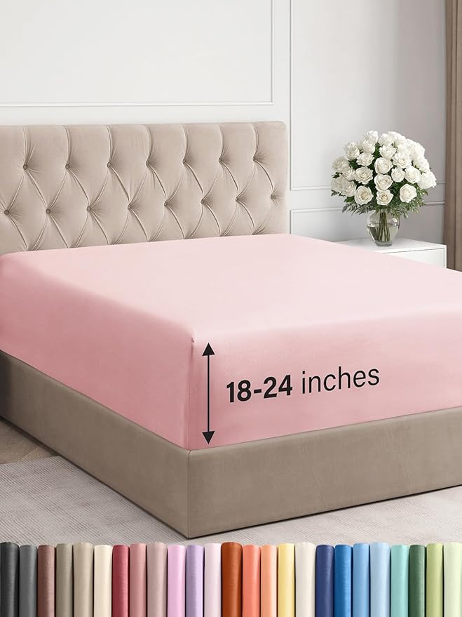 Extra Deep King Fitted Sheet - Hotel Luxury Single Fitted Sheet Only - Easily Fits 18 inch to 24 inch Mattress - Ultra Soft, Wrinkle & Fade Free w/Extra Deep Pockets - Breathable & Comfy - Baby Pink