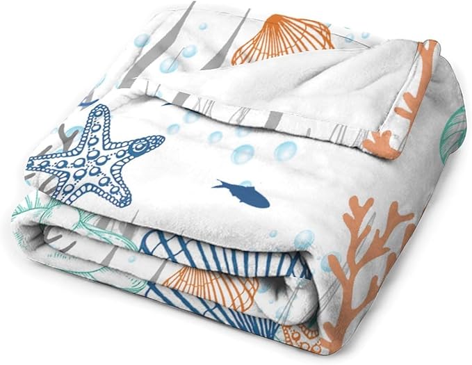 Nautical Coastal Blanket, Starfish Seashell Coral Beach Themed Drapes Ocean Orange Blue Teal Conch Print Throw Blankets for Sofa Couch Bed Room Birthday Decor, 60"x80"