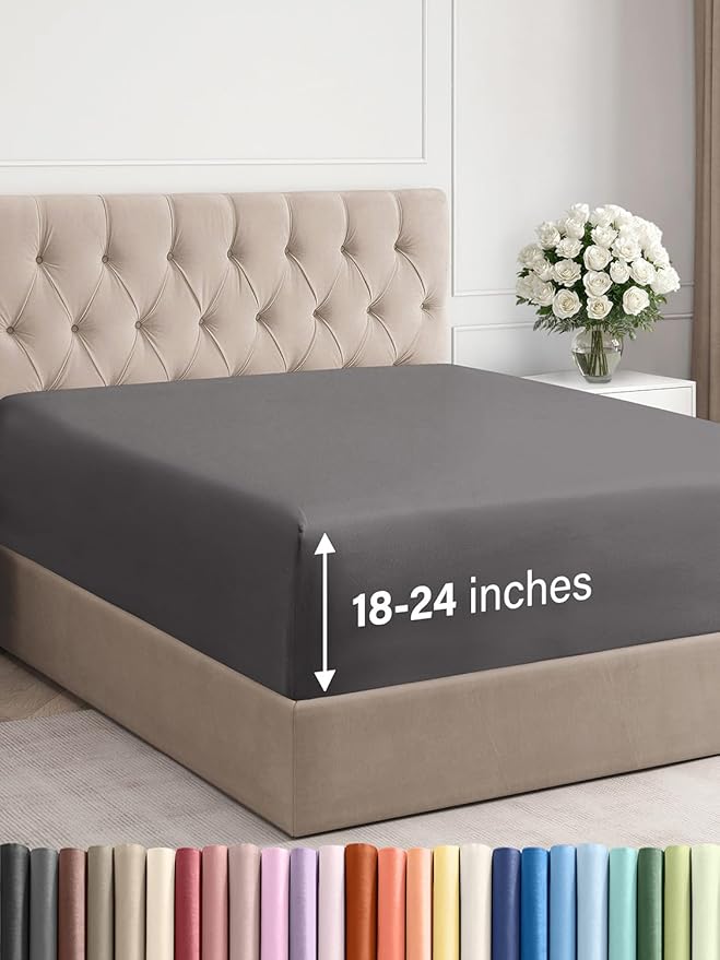 Extra Deep Cal King Fitted Sheet - Hotel Luxury Single Fitted Sheet Only - Easily Fits 18 inch to 24 inch Mattress - Ultra Soft, Wrinkle Free with Extra Deep Pockets - Breathable & Comfy - Dark Grey