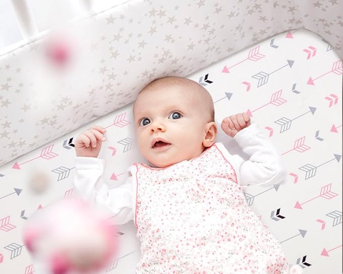 Stretchy Fitted Pack n Play Playard Sheet Set BROLEX 2 Pack Portable Mini Crib Sheets,Convertible Playard Mattress Cover,Ultra Soft Material,Pink White Arrow