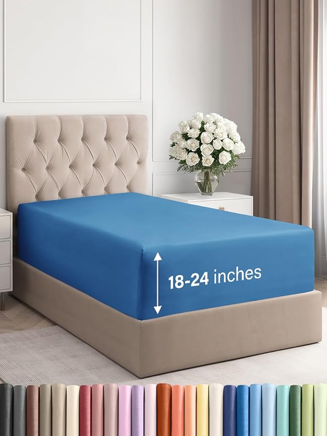 Extra Deep Twin Fitted Sheet - Hotel Luxury Single Fitted Sheet Only - Easily Fits 18 inch to 24 inch Mattress - Ultra Soft, Wrinkle & Fade Free w/Extra Deep Pockets - Breathable & Comfy - Royal Blue