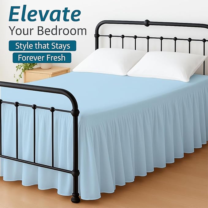 Shreem Linen Ruffled Bed Skirt with Split Corners, Gathered Style, 100% Microfiber, 16-Inch Drop, Dust Ruffle Bedskirt with Platform, Queen-XL, Light Blue