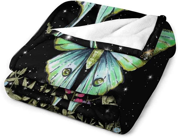 Moth Floral Flannel Blanket, Gothic Witchy Moon Phase Botanical Vintage Wildflower Plantsprint Soft Warm Fuzzy Throw Blanket for Couch Sofa Office Bed, 30"x40"