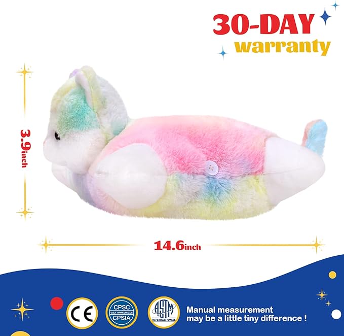 Glow Guards 16" Rainbow Cat Plush Pillow,Cute Kitty Stuffed Animal Soft Lovely Colorful Toy,Bedtime Sofa Decors,Christmas Birthday Children's Day Hoilday Gift for Toddler Kids