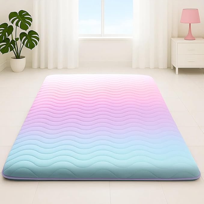 Japanese Floor Futon Mattress, 3.5" Thicken Colorful Rainbow Portable Floor Mattress, High-Density Foam Tatami Mat Sleeping Pad for Camping Guest Room Dormitory RV, Queen