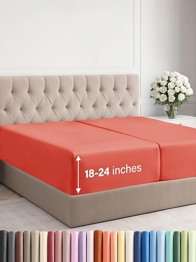 Extra Deep Split King Fitted Sheet - Hotel Luxury Single Fitted Sheet Only - Easily Fits 18 inch to 24 inch Mattress - Ultra Soft, Wrinkle & Fade Free w/Extra Deep Pocket - Breathable & Comfy - Coral