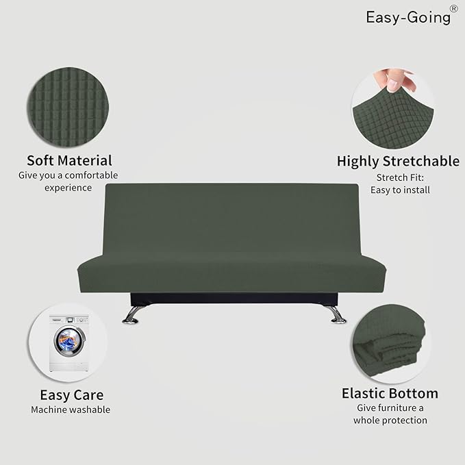 Easy-Going Stretch Futon Slipcover Armless Futon Bed Cover Furniture Protector Without Armrests with Elastic Bottom for Kids, Soft Jacquard Fabric Small Checks (Large, Olive Green)