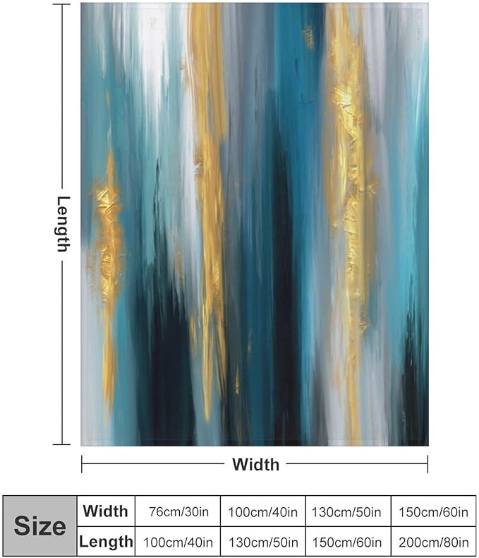 Fashion Gradient Blanket, Modern Abstract Art Gold Lake Blue Painting Strokes Pattern Soft Warm Cozy Plush Flannel Covers for Livingroom Bedroom Couch Chair Camping Travel Home Decor Tapestry 30x40in