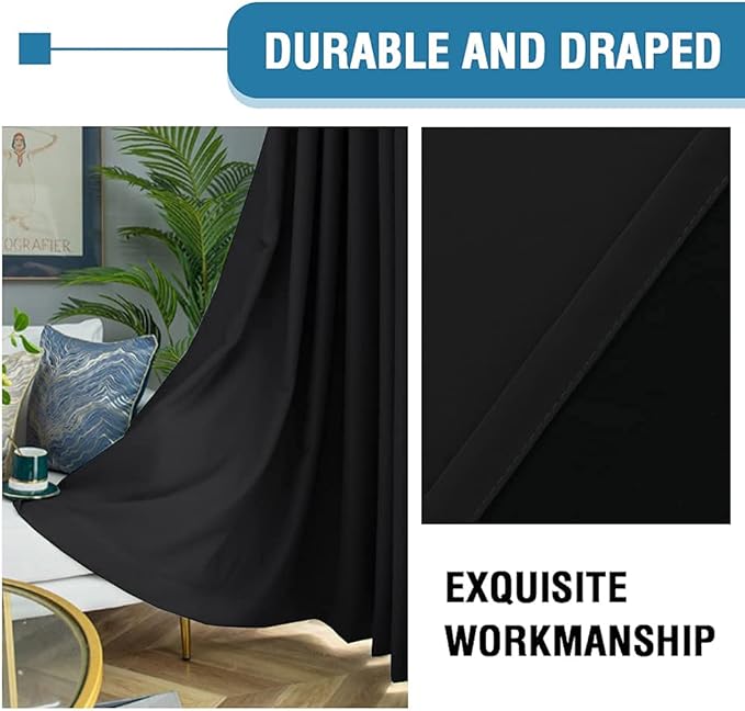 H.VERSAILTEX 100% Blackout Curtains for Bedroom Thermal Insulated Blackout Curtains 54 inch Length Heat and Full Light Blocking Curtains for Living Room with Black Liner 2 Panels Set, Jet Black