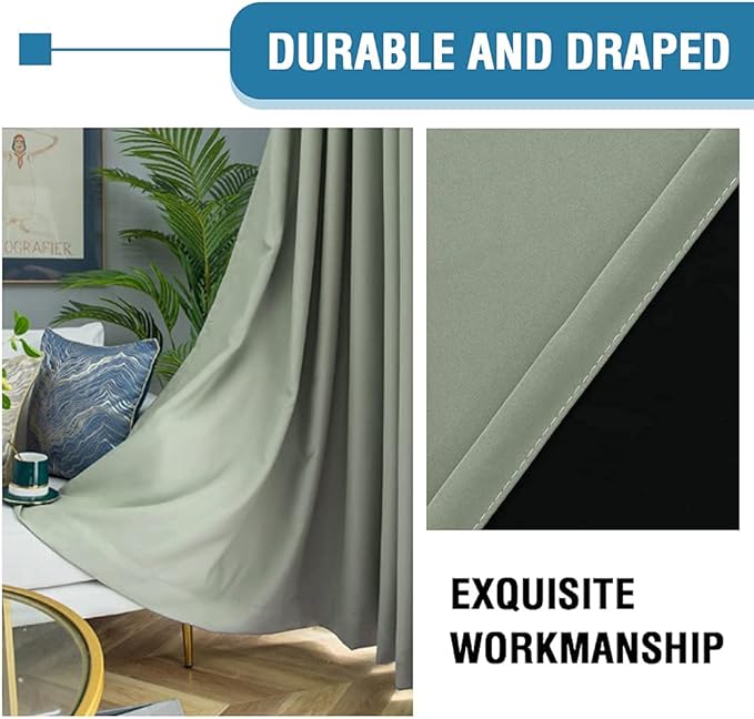 H.VERSAILTEX 100% Blackout Curtains for Bedroom Thermal Insulated Blackout Curtains 108 inch Length Heat and Full Light Blocking Curtains for Living Room with Black Liner 2 Panels Set, Light Sage