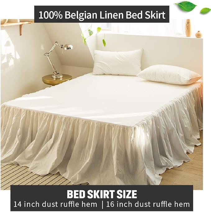 Simple&Opulence Belgian Linen Bed Skirt with Classic 16 inch Tailored Drop Dust Ruffle, Easy Fit Breathable Premium Natural Flax- Pleated White, Queen