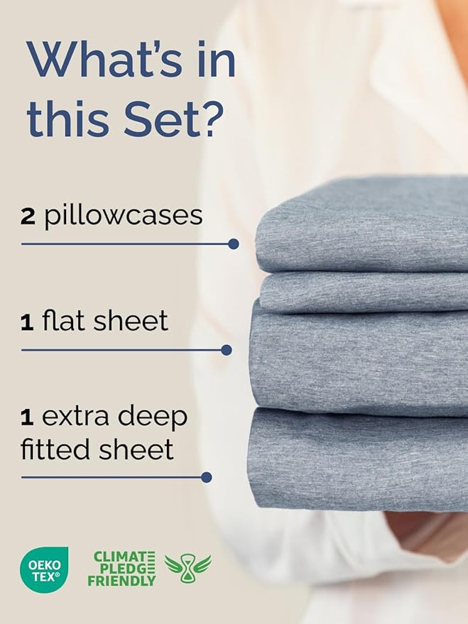 Extra Deep Pocket Queen Sheet Set - 4 Piece Breathable & Cooling Bed Sheets - Hotel Luxury Sheet Set - Ultra Soft, Wrinkle Free & Comfy - Fits Extra Deep Mattresses - Deep Pocket Heathered Blue Sheets