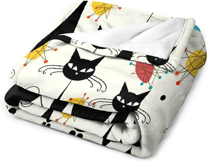 Mid Century Modern Throw Blanket, Atomic Black Cat Starbursts Iconic Sputnik Retro Abstract Geometric 1950s 1960s Throw for Adults Kids Pet, Beige Black 30"x40"