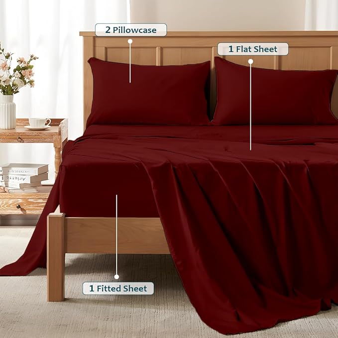 XL Twin Sheets Set - Luxury 338 Thread Count 100% Egyptian Cotton Sateen, Twin XL Sheet Set with All Around Elastic for a, Hotel Quality Bedding (Burgundy Solid)