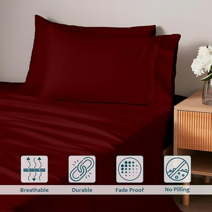 Twin Sheets Set - Luxury 338 Thread Count 100% Egyptian Cotton Sateen, Twin Sheet Set with All Around Elastic for a, Hotel Quality Bedding (Burgundy Solid)