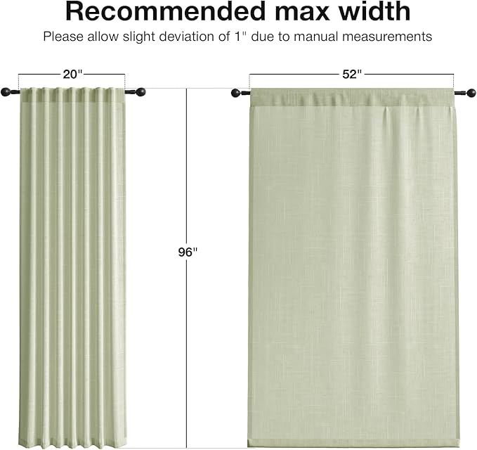 Anmao Natural Linen Curtains for Living Room 96 Inch Length 2 Panels Set, Light Filtering Semi Sheer Window Curtain Drapes for Bedroom with Curtain Rings and Clips, 52 Inch Wide Each Panel, Sage
