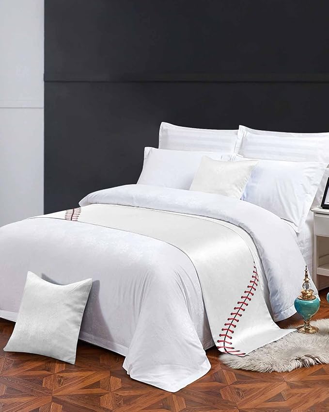 Baseball Sports Texture Bed Runners for Bedroom Hotel,Decorative Bedding Scarf White Red Lines Bed End Blanket Bedding Runner Scarves for King Size Bed,102x20in