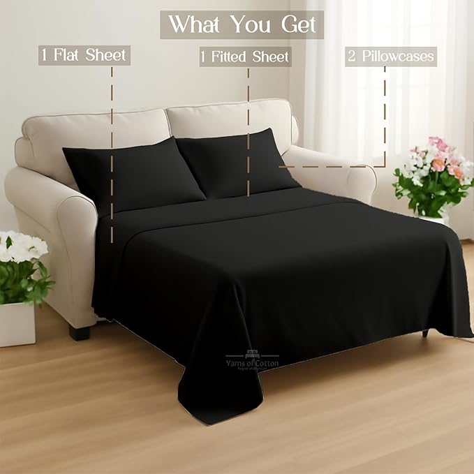 Sleeper Sofa 4 Piece Bed Sheet Set Premium Quality 100% Cotton 500 Thread Count, Smooth & Super Soft Sateen Weave, Extra Soft Bed Sheets, Wrinkle Free, 4 Inch Deep Pocket (Twin, Black)
