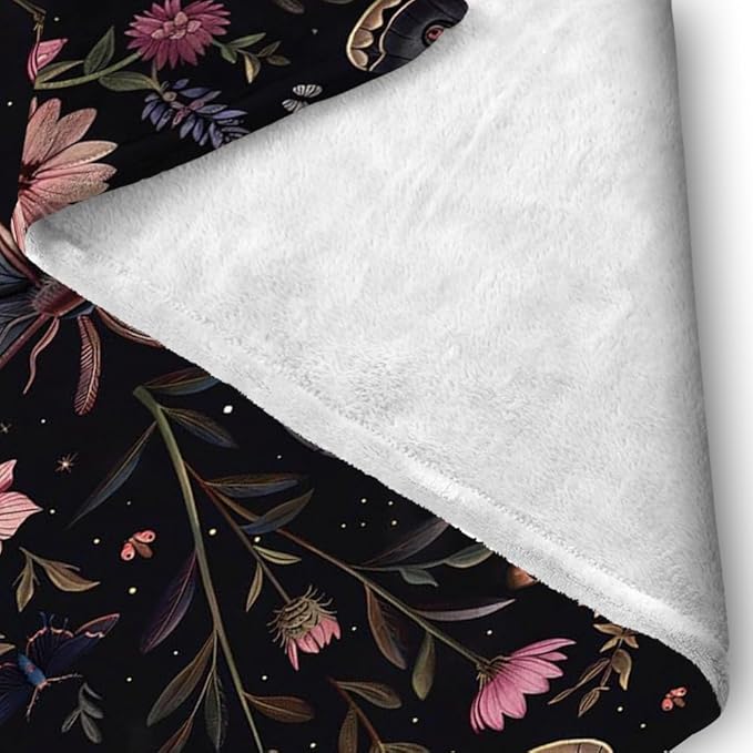 Moon Moth Throw Blanket 40"x50" Soft Cozy Lightweight Flannel,Mystical Night Garden Botanical Celestial Blankets Gifts for Women Gothic Witchy Blanekts for Couch Office Travel Home Decor