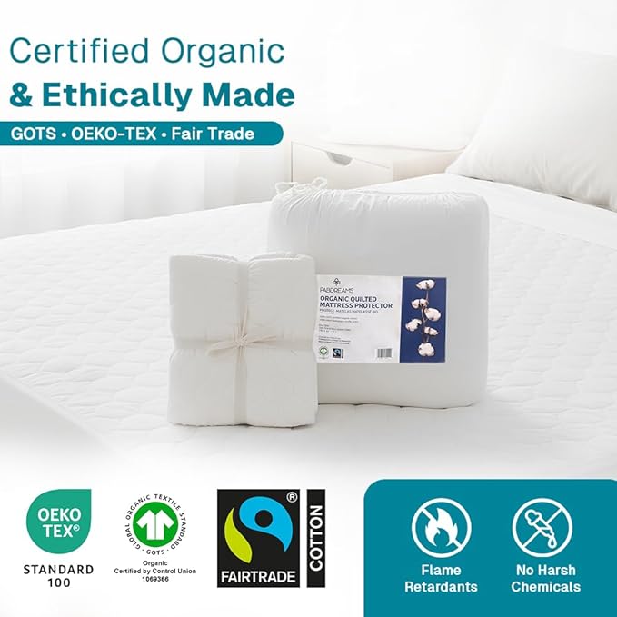 FABDREAMS Organic Quilted Mattress Protector | Mattress Pad| Queen Mattress Cover| Naturally Breathable | Noiseless| Fits up to 17" Deep Pocket| Temperature Regulating | Queen | White
