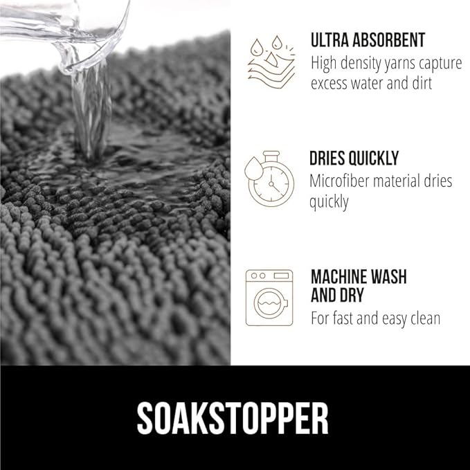 GORILLA GRIP SOAKSTOPPER Dog Door Mat, 70x24 Machine Washable Rug Absorbent Doormat Captures Moisture Mud Dirt, Quick Dry Soft Chenille Entryway Rugs Indoor Entrance Mats for Dog Paws, Gray