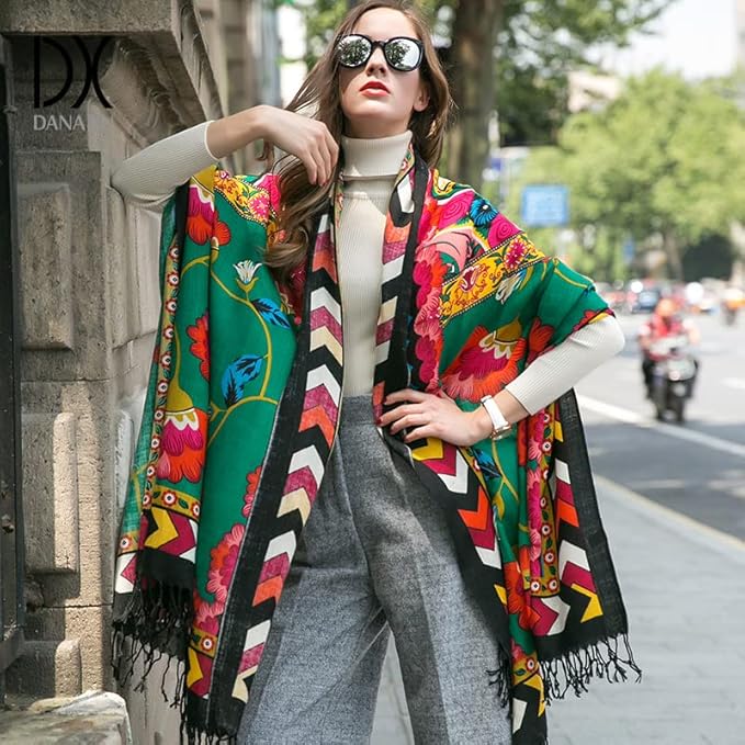 DANA XU 100% Merino Wool Pashmina Shawl for Women 96"x43", Oversized Cashmere Wrap with Tassels, Floral Travel Blanket Cape