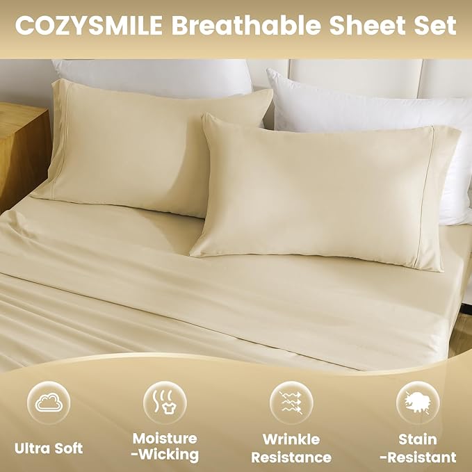 Lightweight Soft King Sheet Set - Luxury 4 Piece Breathable Cooling Sheets for King Size Bed, 16" Deep Pocket Easy Care Wrinkle Free Bedding Sheet and Pillowcase Set, Beige